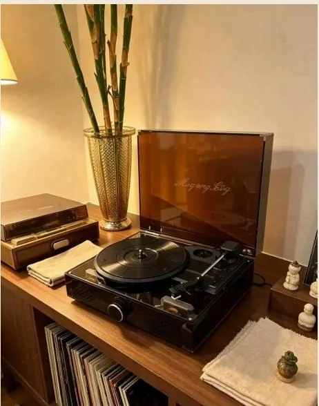 Close up of a vinyl record on a turntable